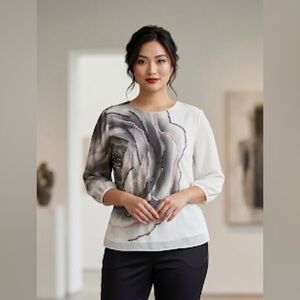 Size 14 woman’s Elegant Floral Women's Top - White and Gray